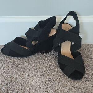 Tory Burch black suede strappy wedge heel shoes-8.5